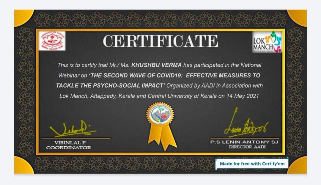 khushbu_msw's tweet photo. Participated in a national webinar on THE SECOND WAVE OF COVID-19: EFFECTIVE MEASURES TO TACKLE THE PSYCHO-SOCIAL IMPACT' organized by AADI in ass with Lok Manch, Attappady, Kerala and Central University of Kerala on 14th May 2021
#COVIDSecondWaveInIndia #COVIDSecondWave #COVID19 https://t.co/aeHYZ2XmBS