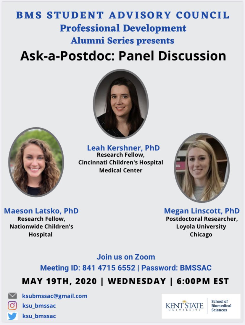 KSU_BMSSAC's tweet photo. Interested in doing a post-doc after graduation? Come chat with 3 of our recent grads and get all of your questions answered!! Next Wednesday (5/19) at 6pm EST! 🥼🔬🧬👩🏻‍🔬👩🏻‍💻🐁
#askapostdoc #Academia #alumniseries 
@biogradsc @KSUBrainHealth @KSU_CollegeofAS @kentstatepsych https://t.co/8H1n57PJbU