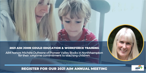 AIMBusinessNews's tweet photo. AIM honors @MicheleDufresne, CEO of @pvalleybooks and acclaimed children’s book author, teacher, consultant &amp; entrepreneur as the winner of the 2021 AIM Gould Education and Workforce Training Award. Learn more on AIM’s blog: https://t.co/ZxsAYM10W2 #Road2Recovery https://t.co/xmabRcZC0G