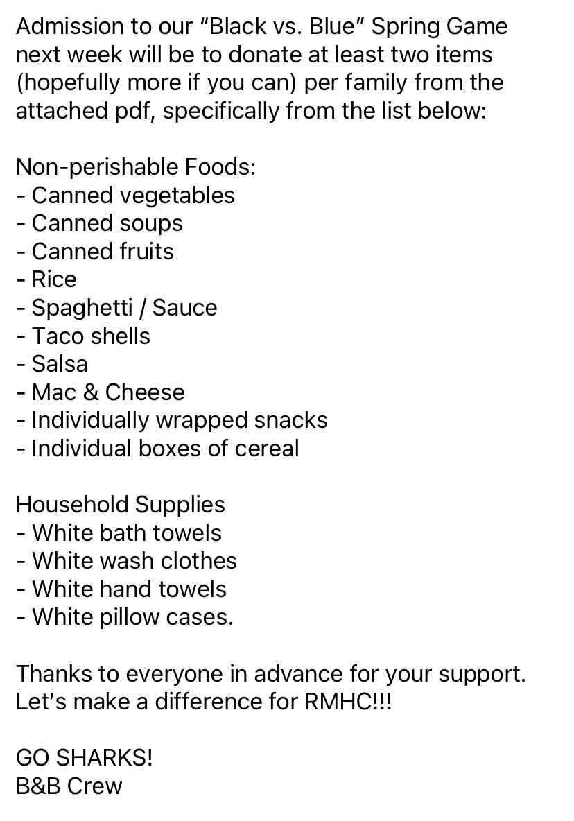 OceansideFootb1's tweet photo. We’re less than a week out! We have attached the list of items needed to support the Ronald McDonald House. Hope to see everyone there at 7PM. Go Sharks. 🦈🦈 https://t.co/I28YRBFgPj