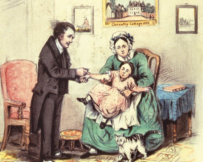 Painting of Edward Jenner vaccinating a child.