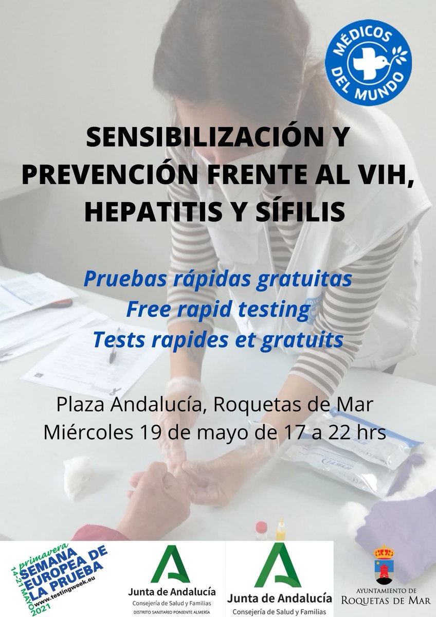 MdMAndalucia's tweet photo. Realizar un diagnostico precoz de las ITS es fundamental para prevenir secuelas y complicaciones a largo plazo.
El próximo 19 de mayo estaremos en Plaza Andalucía de Roquetas del Mar #Almería de 17 a 22 h.
Acércate y hazte tu prueba rápida y gratuita de VIH, Hepatitis y Sífilis https://t.co/raYstVy38y