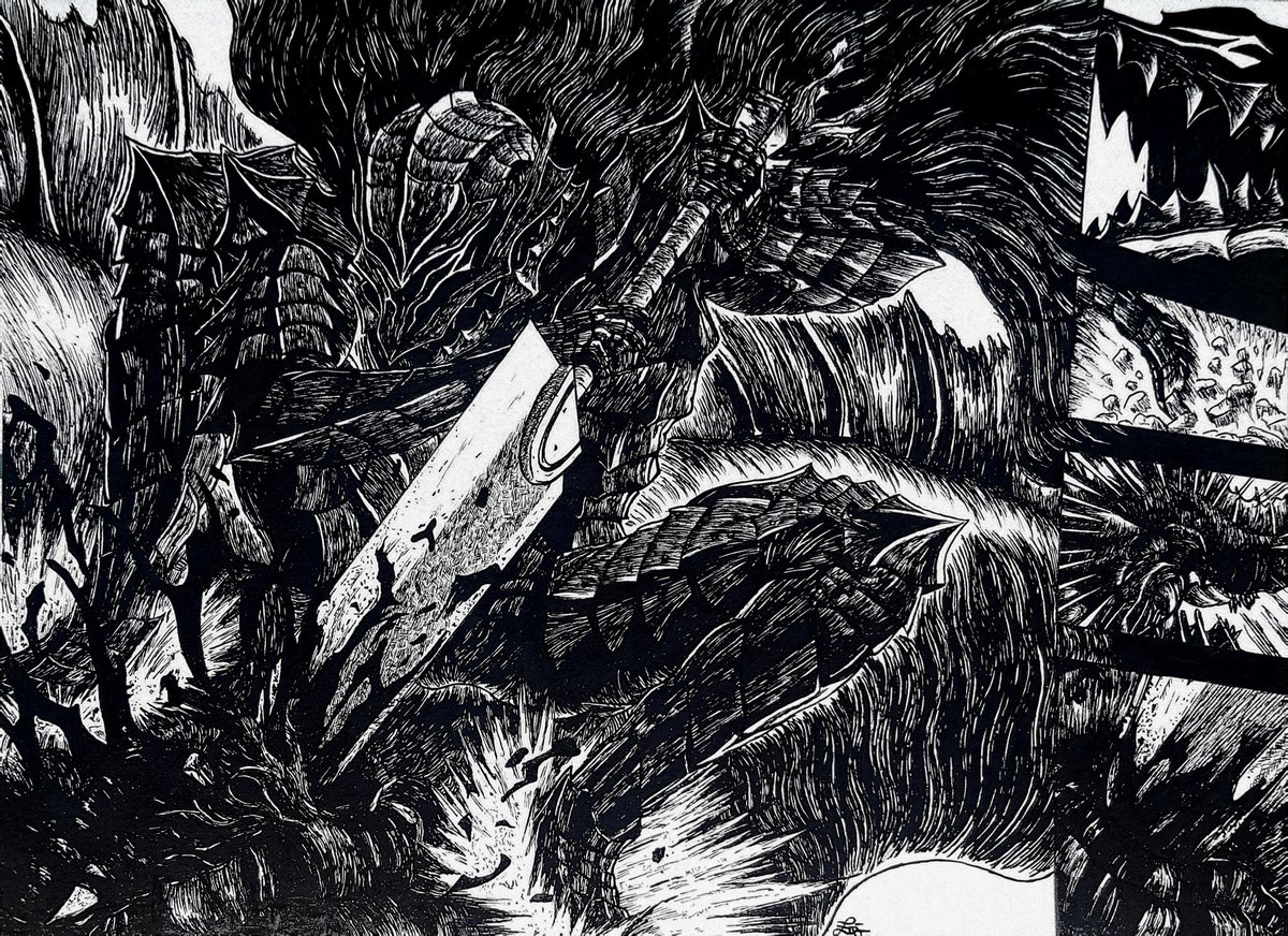 EraInk_'s tweet image. ~ 𝕲𝖚𝖙𝖘 𝕬𝖗𝖒𝖔𝖗 𝕭𝖊𝖗𝖘𝖊𝖗𝖐 ~
- Time ~15/16h
- Format 29x21cm
- Plume et Encre de Chine
Lisez ce chef d'œuvre. #Berserk