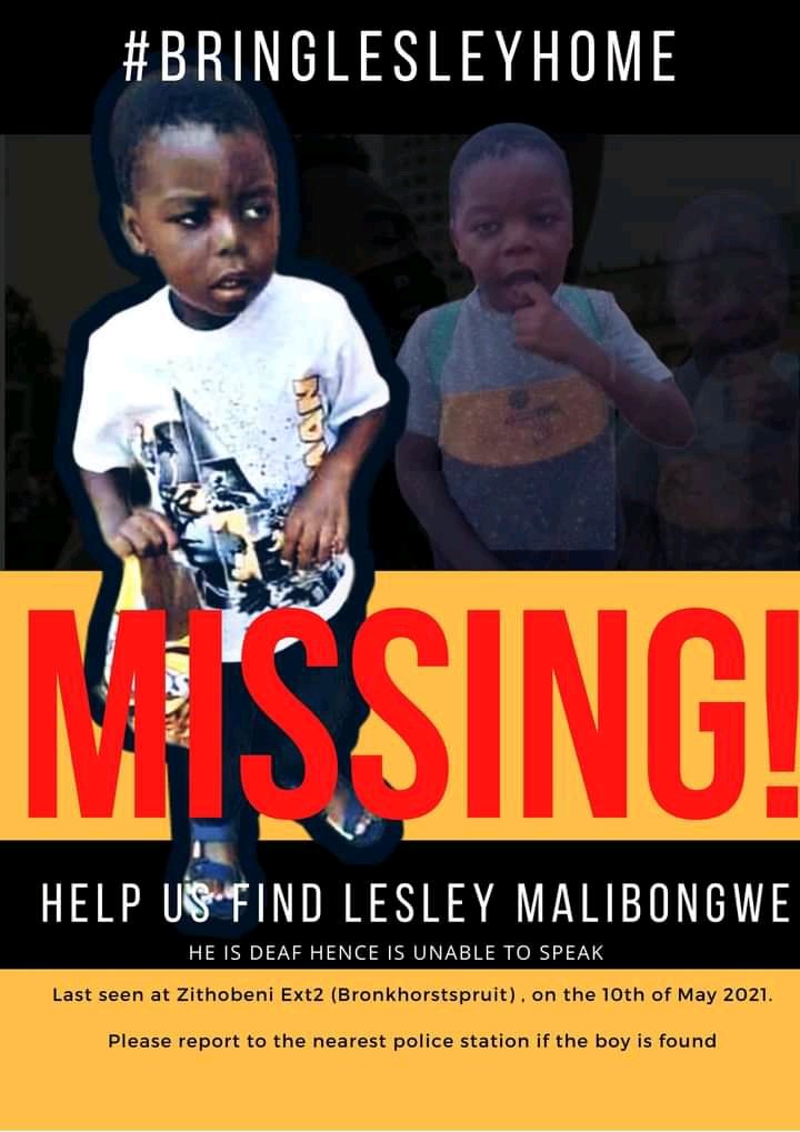neliswa_maleh's tweet photo. @lasizwe Please help us find Lesley Malibongwe. He is 5 years old; he was last seen on Sunday around 13h00. He is mute and deaf https://t.co/qJv2xpbYNT