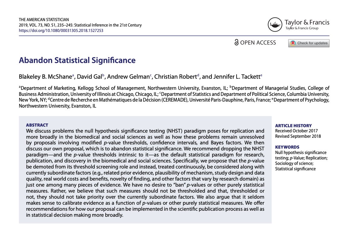 IMalavolta's tweet image. &quot;Abandon Statistical Significance&quot; -- very nice read on how to do not fall into the p-value-based dichotomy and better report our empirical results, highly suggested. 
core.ac.uk/download/pdf/1…

#empiricalSoftwareEngineering #AcademicReads