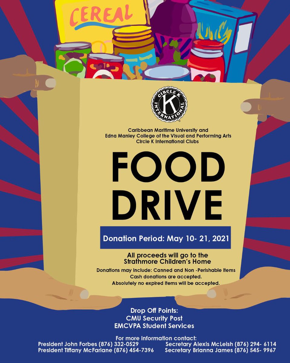 cmucirclek's tweet photo. We need your help!!
The Caribbean Maritime University and the Edna Manley College of the Visual and Performing Arts Circle K International Clubs are having a food drive in aid of the Strathmore Chidlren’s Home . Let us join together to make a difference . 
Donate, Donate, Donate! https://t.co/tNaNMAaisK