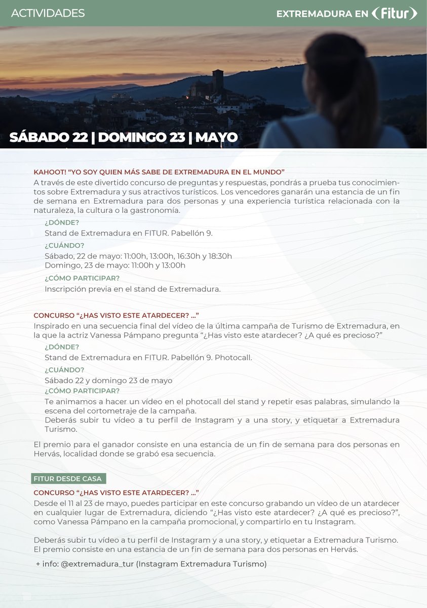 extremadura_tur's tweet photo. 💚⚪🖤#ExtremaduraTeEspera en @fitur_madrid (19 a 23 de mayo). ¡Pásate por nuestro stand y te informaremos de todo para tu próximo viaje a #Extremadura! También, streaming en directo. ¡Twittea con el hashtag #ExtremaduraEnFitur!
Programa👇🏻
https://t.co/PyFukYxDDM
@JuntaEx_Cultura https://t.co/yl4b2mg0In