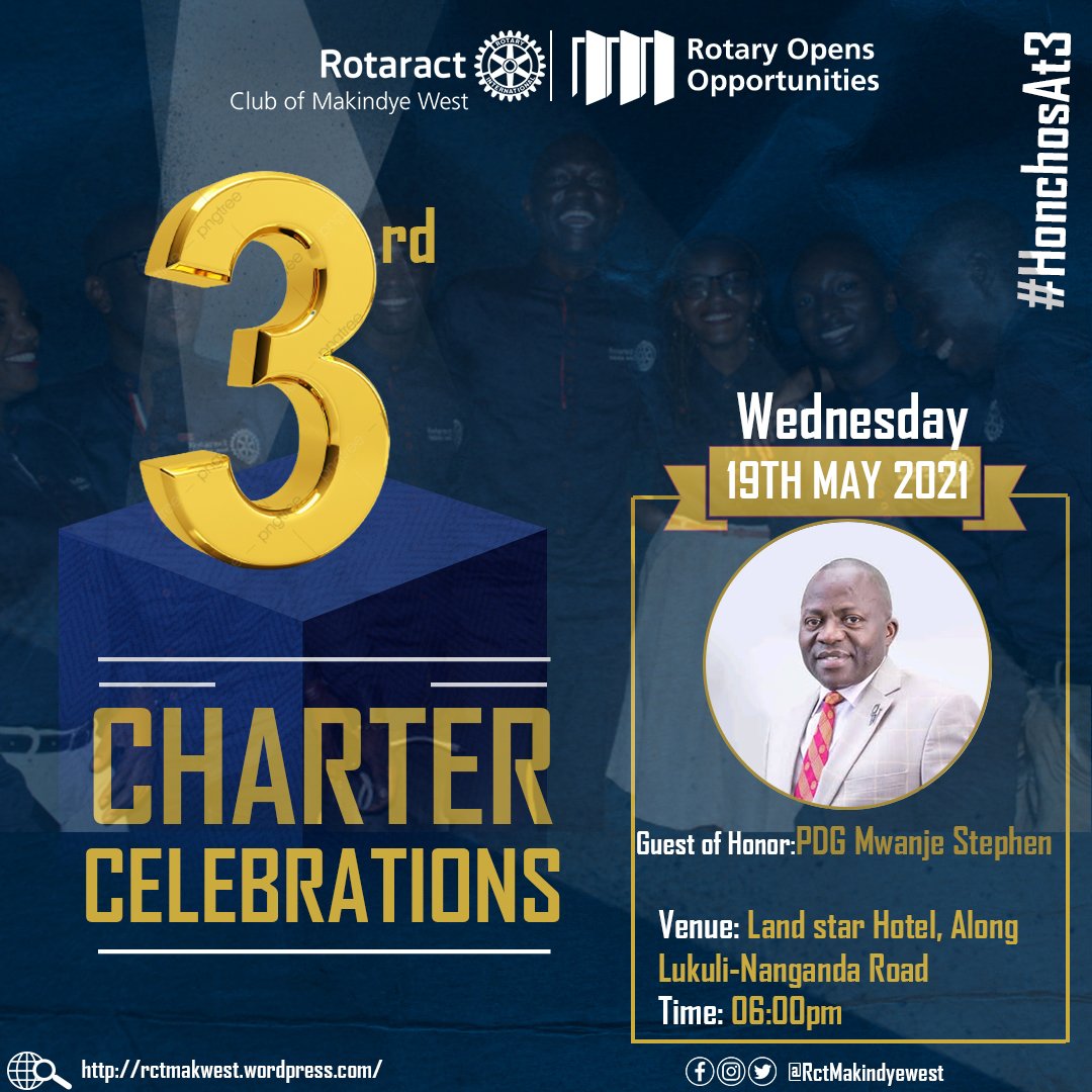RCTmakindyeWest's tweet photo. Counting down the days.
5 days left to our 3rd Charter celebrations. Be part of our celebrations on 19th May at Land star hotel
#HonchosAt3 https://t.co/bJF27XL04v
