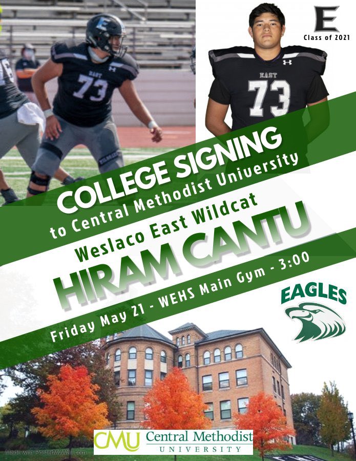 Senior Offensive-Lineman, Hiram Cantu, will be signing his Letter of Intent to Central Methodist University on Friday, May 21st at 3PM.

More details TBA.