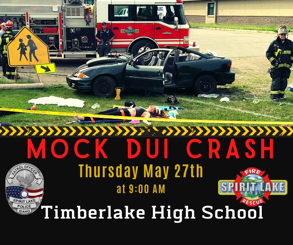 On May 27th 2021 at 9am SLPD and Spirit Lake Fire Protection District will be partnering to present the annual "Mock DUI Crash" for the Timberlake High School Senior Class.
This will be a full scale demo complete with a helicopter.