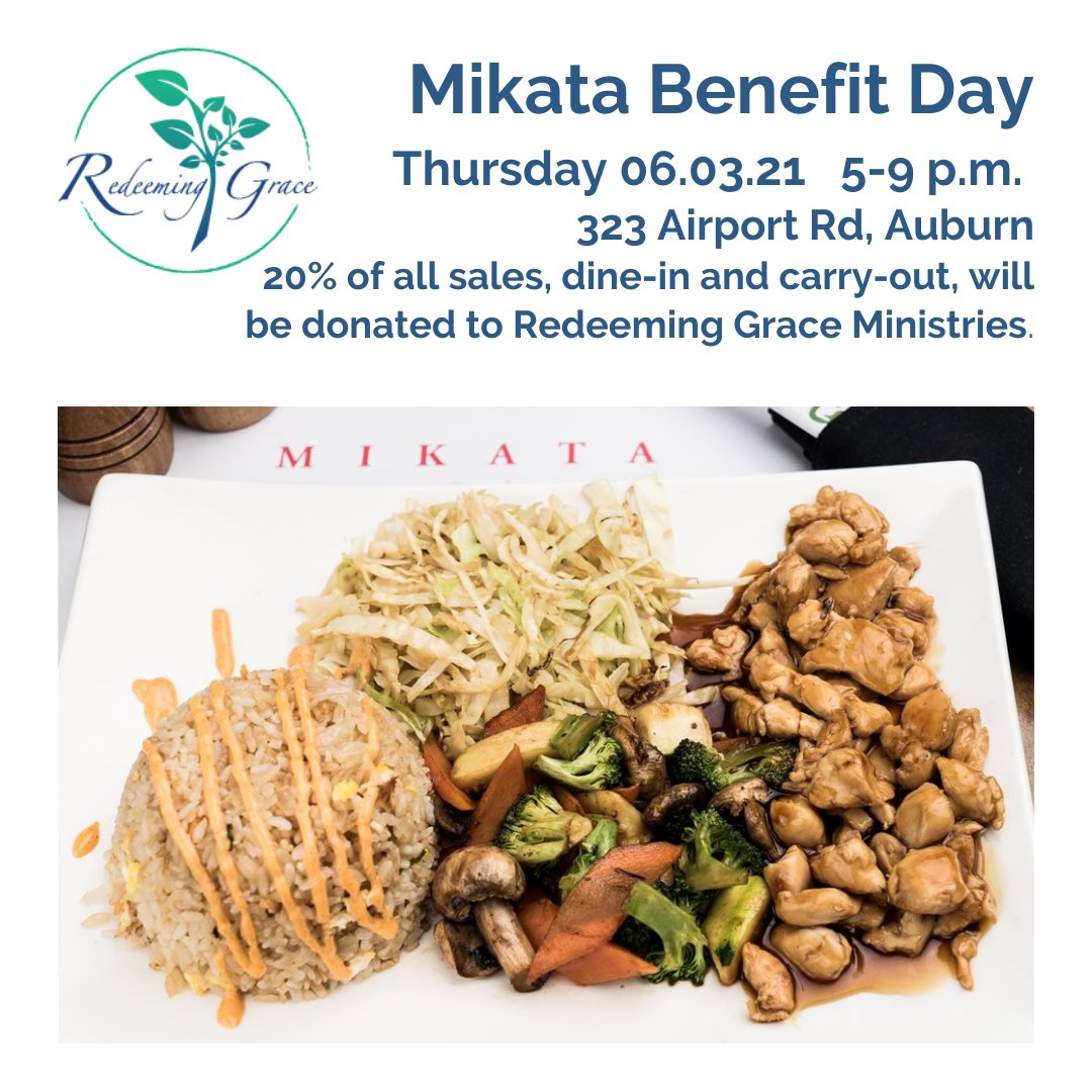 grace_redeeming's tweet photo. Mark your calendar! Thursday, June 3, Mikata is hosting a restaurant benefit for RGM.

#MikataAuburn #Auburn #restaurantbenefit #redeeminggraceministries #recovery https://t.co/f7TiFj7oxG