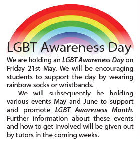 cheamhigh's tweet photo. Tomorrow we are celebrating our LGBTQ Awareness Day. Students are encouraged to wear rainbow socks or wristbands to show their support. https://t.co/4PDJktVtxf