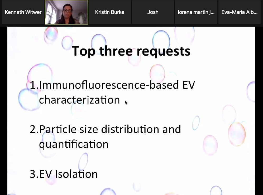 KennethWWitwer's tweet photo. Informative presentation by Rachel DeRita @EVCore_UPenn reveals the "Top 3" requests of an #EVCore. Most requests are from people brand-new to #ExtracellularVesicles: great opportunity to educate, improve rigor via #MISEV! #ISEV2021 satellite on EV Core Facilities #MISEV2018 https://t.co/NseOJl8ufL