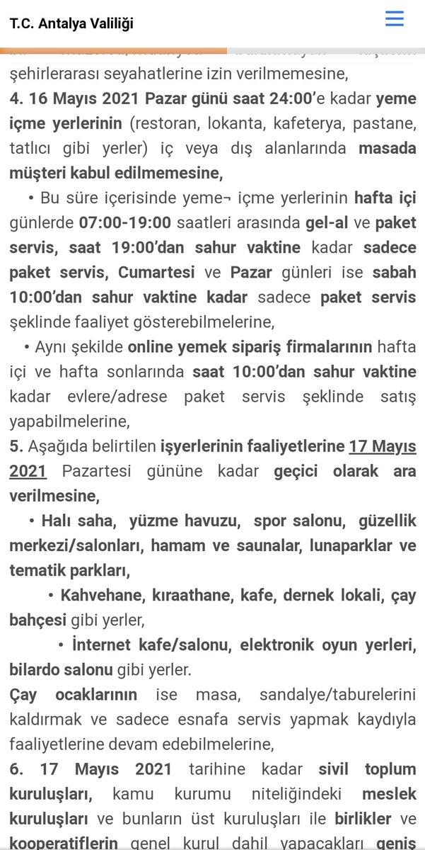 AgyidAntalya's tweet photo. Sayın valim @ersinyazici1 bu karara istinaden 17 Mayıs'da kafe ve restoranlarımızı kapandığımız gün geçerli olan kurallarla açabiliyor muyuz? İşletmelerimizi açmak için 2-3 güne ihtiyaç duymaktayız, tüm sektör bu sorunun cevabını merak etmektedir.
https://t.co/7nNHwpK9pT https://t.co/9WyVNSdn1K
