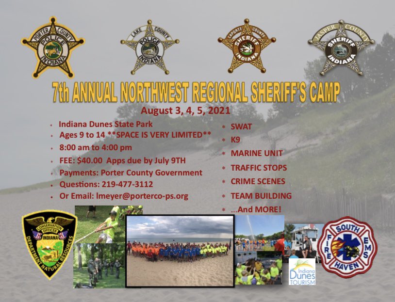 PorterCountySO's tweet photo. 2021 Northwest Regional Sheriff’s Camp is approaching quickly!  We look forward to this year’s group, it’s going to be a blast!!

Applications and waivers are located here: 
https://t.co/NRzZL8UMW0

Applications are being accepted through July 9. https://t.co/PqBmUGbyVL