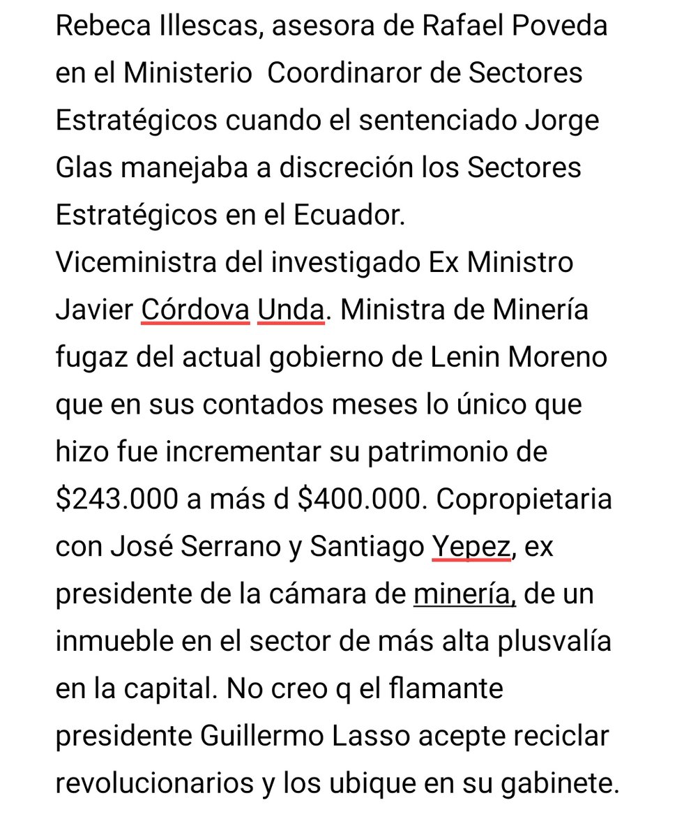 El peor error que puede cometer el Presidente <a href="/LassoGuillermo/">Guillermo Lasso</a> es iniciar su gabinete con correístas reciclados como la chilena Rebeca Illescas. Pilas <a href="/CesarMongeO/">César Monge Ortega</a> <a href="/juancaholguin/">Juan Carlos Holguin</a> @BloqueCREO21 <a href="/CREOEcuador/">Movimiento CREO Ecuador</a> <a href="/maemontanov/">Mae Montaño</a> <a href="/mineriaec/">Minería EC</a> <a href="/mineriaorg/">Aso. Mineros Ecuatorianos</a> <a href="/pequenoMinero/">MineriaResponsable</a> <a href="/mineriaecuador/">Cámara de Minería del Ecuador</a>