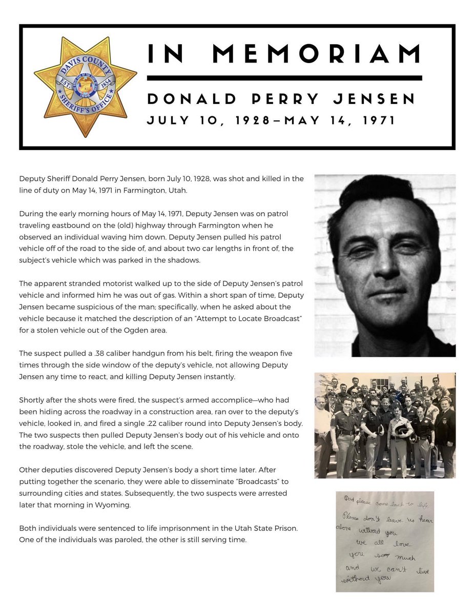 DavisSheriffUT's tweet photo. May 14 will always be a somber day for our office—50 years ago today Deputy Jensen's life was taken when he was attempting to help others.
Rest in peace, Deputy Jensen. Thank you for your service. 
#DavisSheriffUT #PoliceWeek2021 #UtahsFallen https://t.co/8136wjxhJq