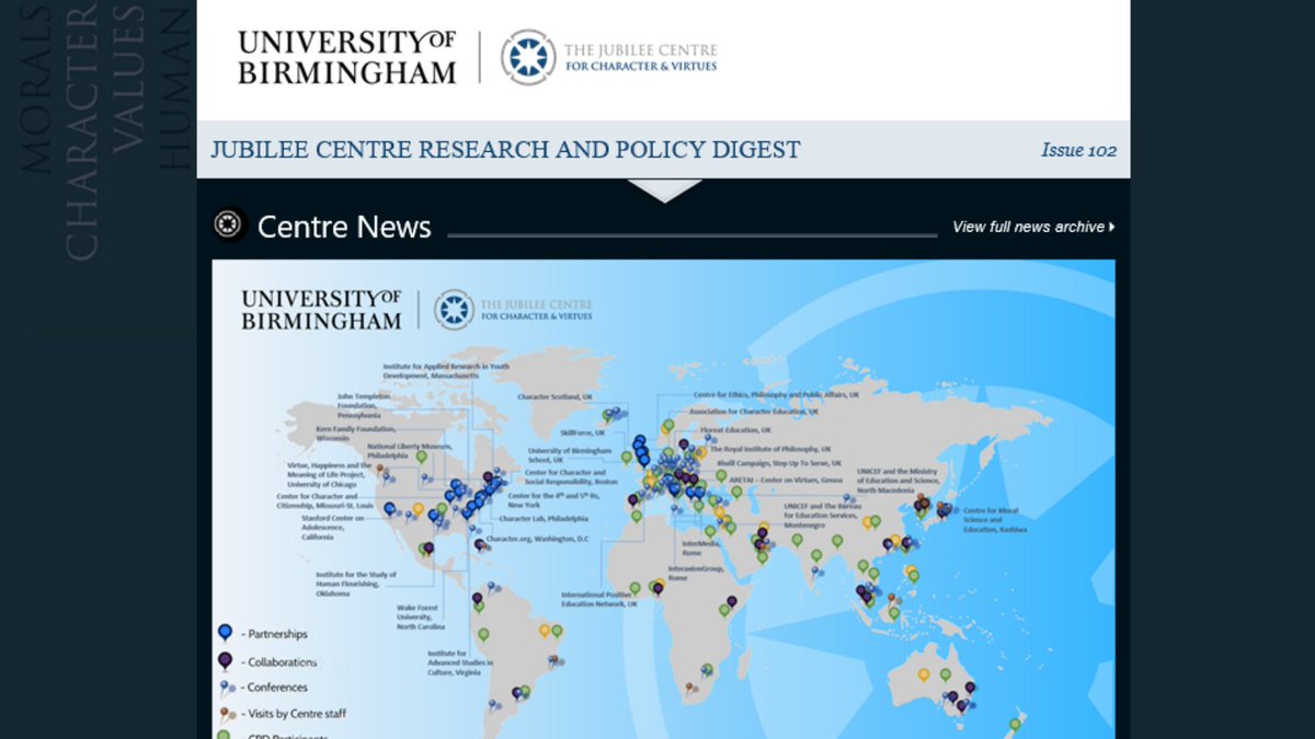 JubileeCentre1's tweet image. Issue 102 of our Research and Policy Digest is now live! Inside this edition are stories on recent global engagement, the success of our webinar series, new resources for teachers &amp;amp; updates from our partners around the world. Learn more: jubileecentre.ac.uk/newsletter 
#CharacterMatters