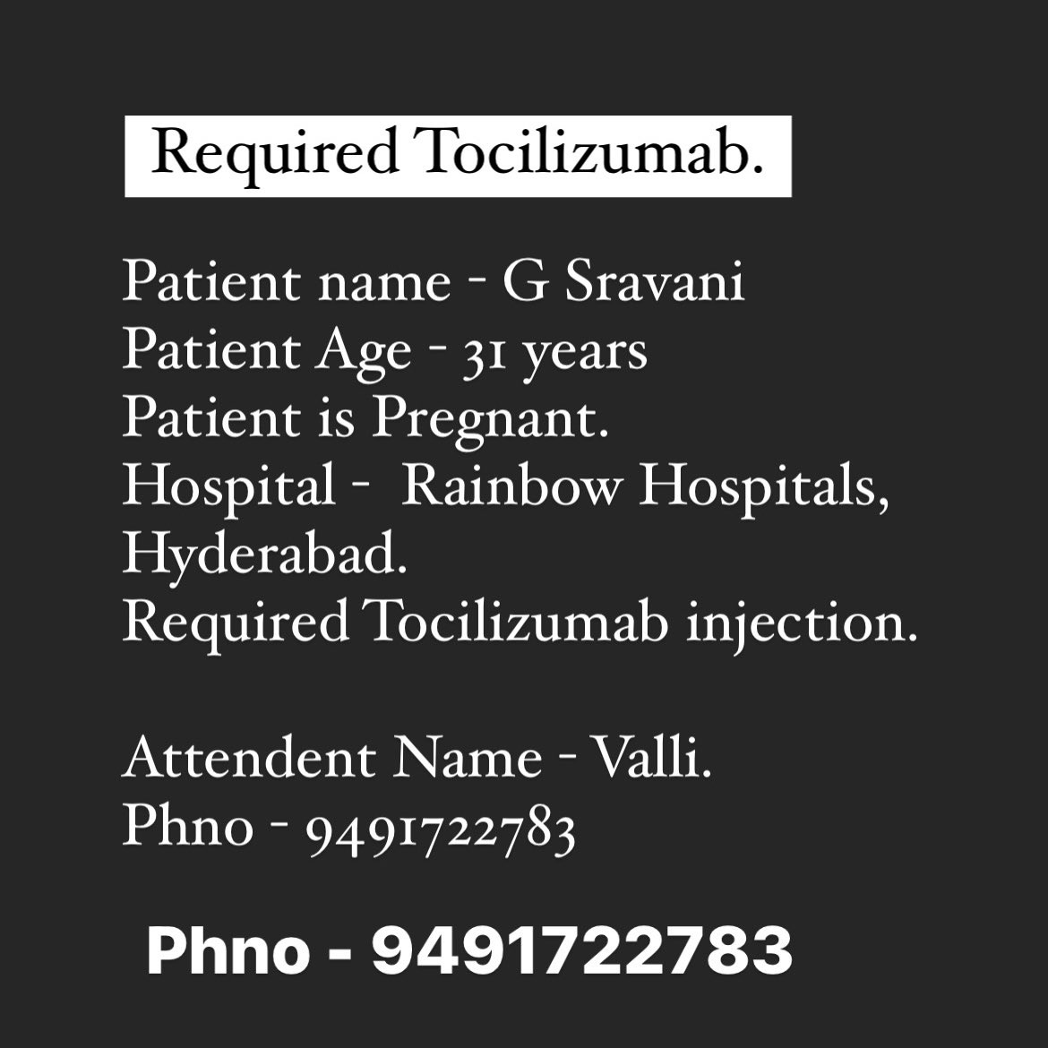 Twinklingmelon9's tweet photo. 🚨A pregnant lady’s family is unable to find Tocilizumab. Can anyone here help us with sourcing Tocilizumab injection in Hyderabad. Patient’s condition is deteriorating. Note from doctor is attached. Kindly help 🙏🏻 
#sos #Hyderabad #Tocilizumab #HyderabadSOS #Covid19IndiaHelp https://t.co/DpTpedQKuj