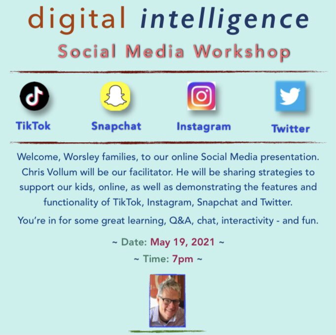 Wednesday May 19 at 7pm, Worsley ES presents guest speaker <a href="/cmvsocialmedia/">Chris Vollum</a> “Digital Intelligence”
Check email for zoom link