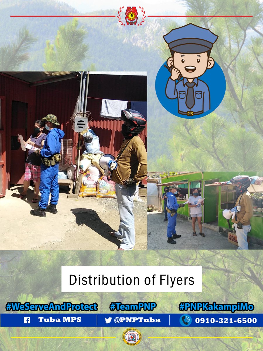 PNPTuba's tweet photo. Distribution of flyers RA 9165, RA 9262, COVID-19 prevention tips/ health safety tips, E-CLIP, Anti- Terrorism and T.A.L.Y.E.R calling cards to the residents of Tadiangan, Tuba, Benguet. 
#benguetppotalyer
@RPasiwen 
@PmajS5 
@PNPBenguet_PPO 
@RCADDPROCOR1 https://t.co/O94zTj7IWP