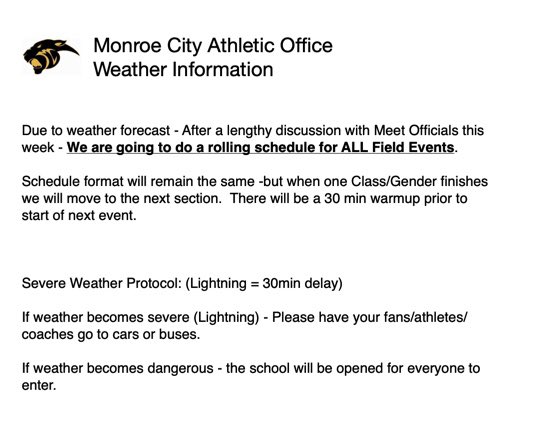 MonroeCityHigh's tweet photo. Class 1 &amp; 2 Sectional Track Meet @ Monroe City - Schedule of Events

Weather Information/Plans https://t.co/fAOkr43aHp