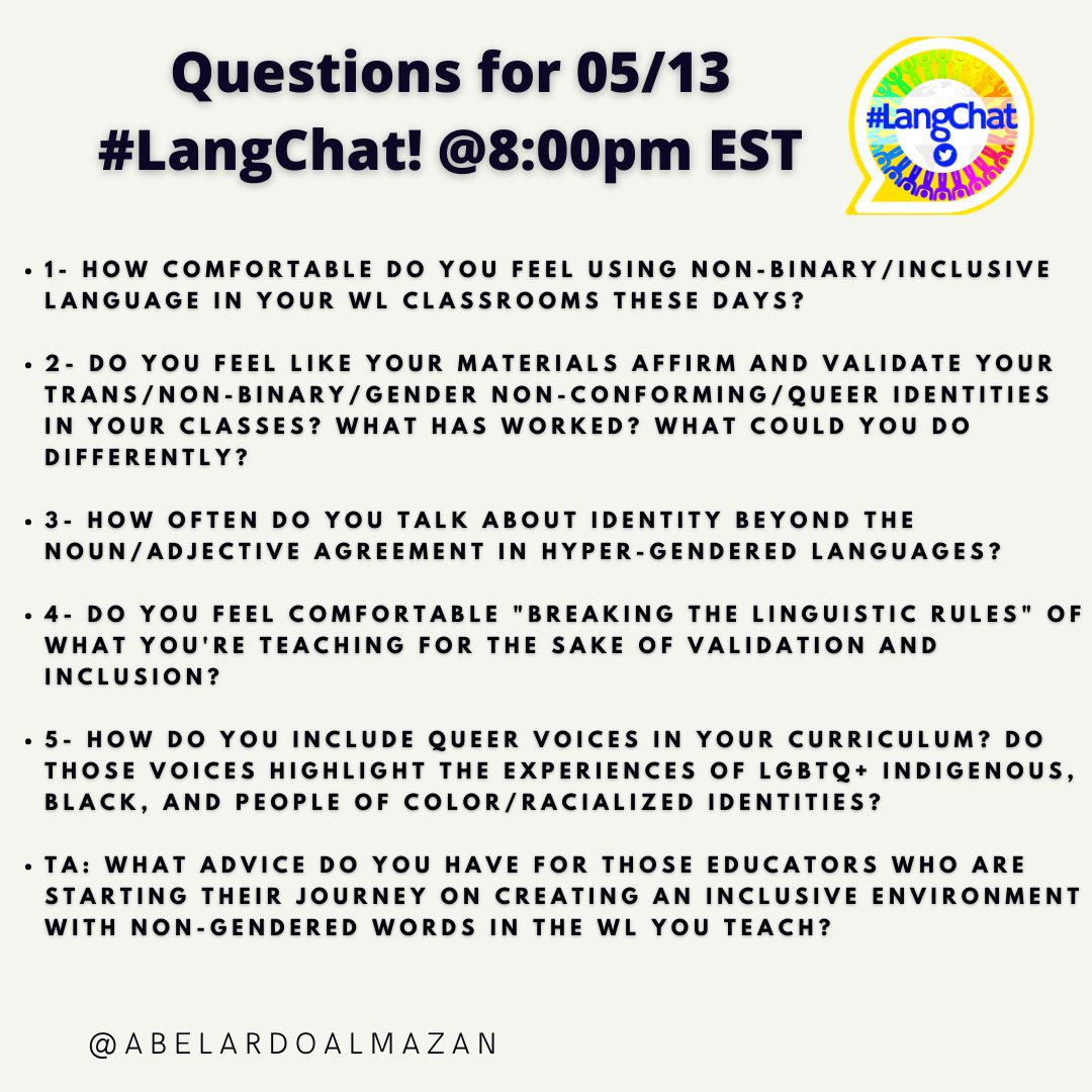 #langchat #slowchat TA: adults, grownups, educators. Language is fluid just like gender. 

This is not about you. Do not center yourself in this conversation. This is about them. Your gender non-conforming students &amp; the folx around the 🌎 whose identities are discriminated on.