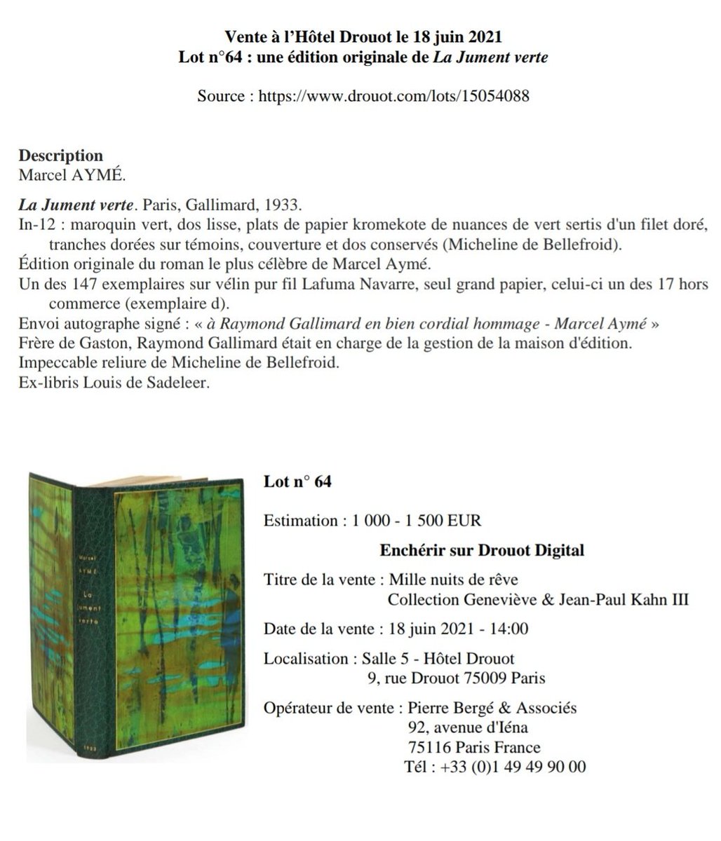 MarcelAyme's tweet photo. Bonjour à tous. Le secrétaire de la Société des Amis de Marcel Aymé m'informe qu'une vente aux enchères aura lieu le 18 juin 2021 à l’Hôtel Drouot (Salle 5) - 9, rue Drouot - 75009 Paris.
Pour toutes les info cf photo ci-joint.
#marcelayme #marcelaymé #venteauxencheres #drouot https://t.co/Crek6ajwE0