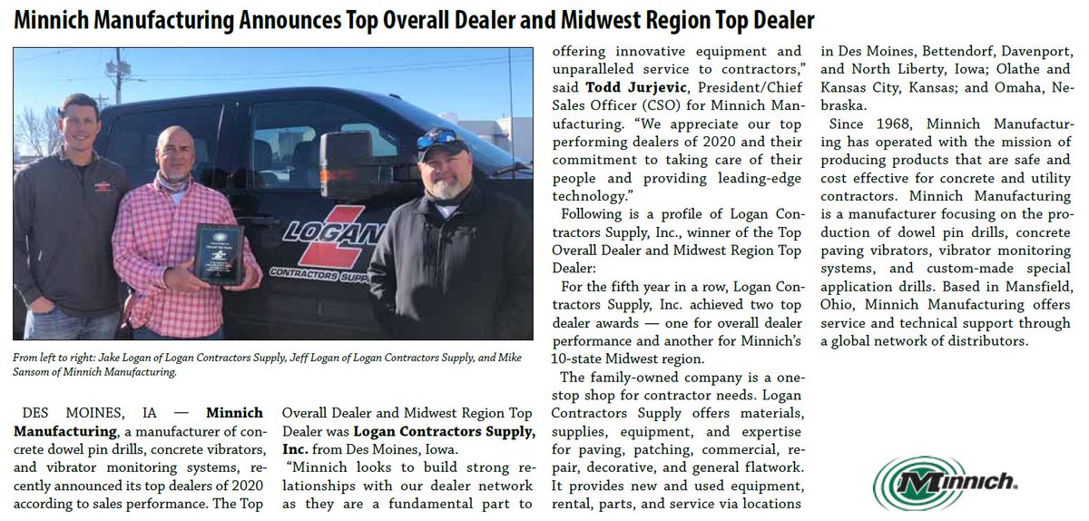Top Overall Dealer and Midwest Region Top Dealer announced by <a href="/minnichmfg1/">Minnich</a>  We are honored to be your partner in the industry.
Great article from Midwest Contractor.