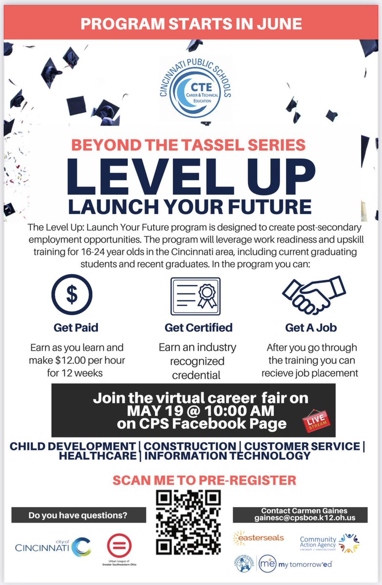 CareerCPS's tweet photo. CPS students and recent graduates (age 16-24) attend the upcoming Virtual Career Fair on May 19! Level Up: Launch your Career. Learn more here: https://t.co/MhLx5N8Cch
#BeyondTheTassel #CPSCareerBasedLearning #iamcps https://t.co/GczAKqNmVD