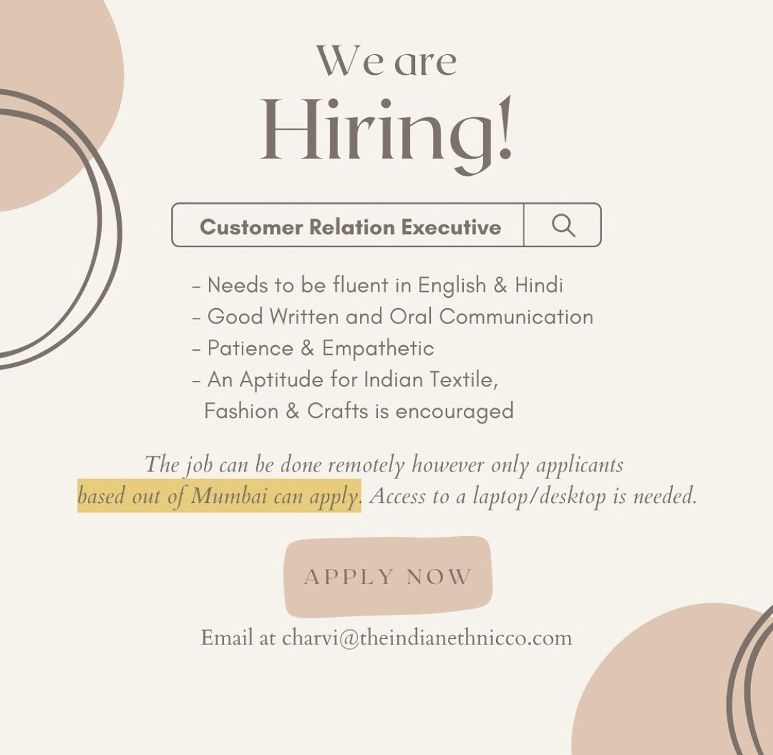 surbhig_'s tweet image. What: #Hiring/Job Opportunity #work 

For: #CustomerRepresentative #textile #fashion
Where: #Mumbai
#workingfromhome 

And: See the picture for more details 

Please see the thread for more. These are not endorsements of any kind  #HopeHumanityMankind