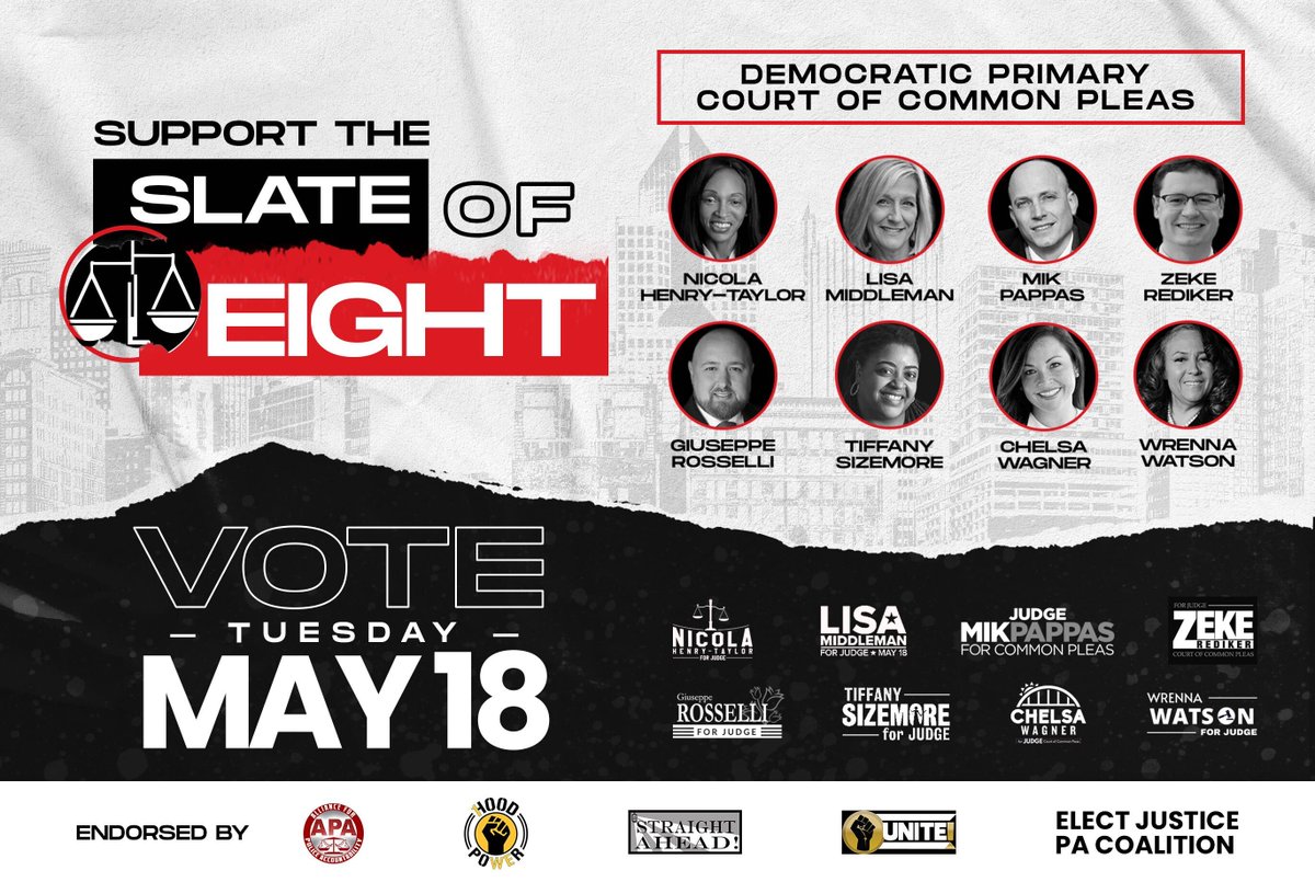 RealJusticePAC's tweet photo. Local judges have immense power to shape the legal system. We're proud to endorse the #SlateOfEight in Allegheny County (includes Pittsburgh!):

🗳️ @EsqNicola
🗳️ @lisamiddleman
🗳️ @MikPappas
🗳️ @zekerediker
🗳️ Giuseppe Rosselli
🗳️ Tiffany Sizemore
🗳️ @ElectChelsa
🗳️ Wrenna Watson https://t.co/jPuWYLElaS