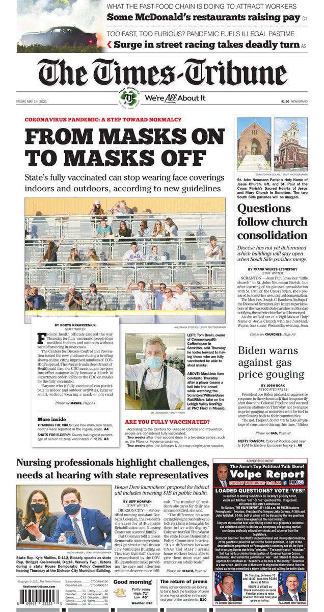 On today's <a href="/timestribune/">The Times-Tribune</a>: Fully vaccinated can stop wearing masks indoors and outdoors by @BorysBlogTT; questions follow South Side church consolidation by <a href="/flesnefskyTT/">Frank Wilkes Lesnefsky</a>; and nursing professionals highlight challenges, needs at hearing by <a href="/jhorvathTT/">Jeff Horvath</a>.