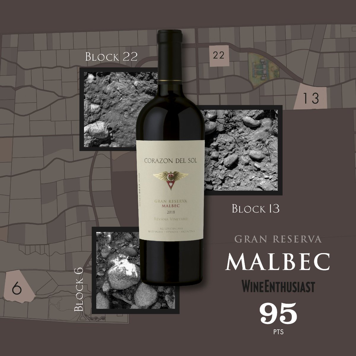 Gran Reserva Malbec, auténtica representación de nuestro terroir, elaborado con uvas provenientes de nuestros viñedos con diversos perfiles de suelos. Block #6 con canto rodado, Block#13 con suelos franco arenosos con arcilla y cantos rodados y Block#22 de suelo limo arenoso.