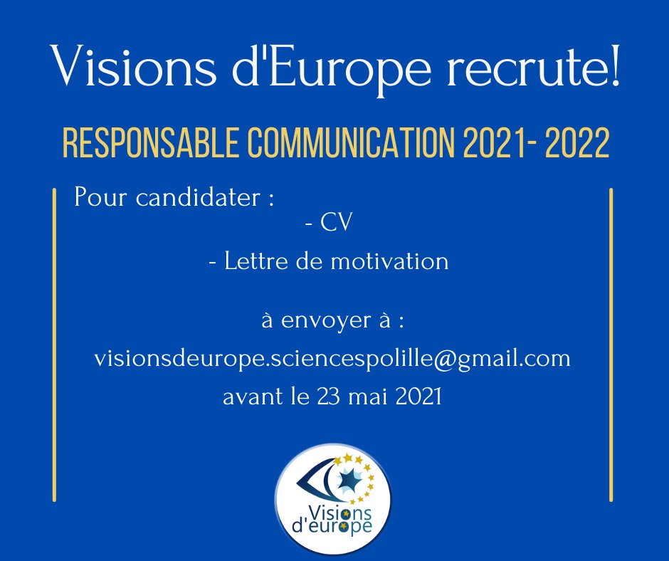 🇪🇺 Semaine de recrutement 🇪🇺
Visions d'Europe recrute un.e Responsable pôle communication  !
Découvrez le témoignage de Clara Bouvy
Pour candidater : CV + lettre de motivation à envoyer à visionsdeurope.sciencespolille@gmail.com avant le 23 mai