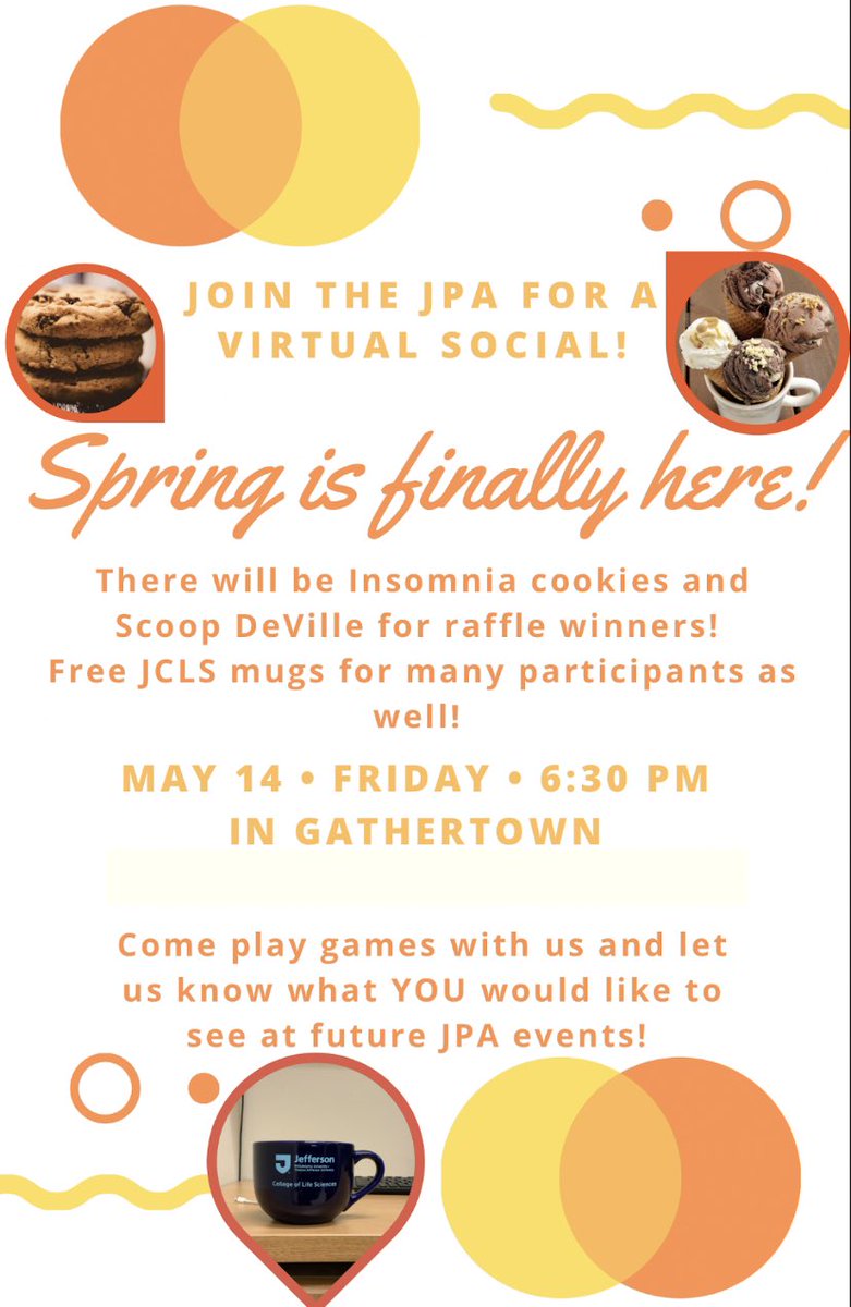Hello Jefferson Postdocs! Do you want to win Insomnia cookies or Scoop DeVille? Join us this evening at 6:30 PM in Gathertown for games and discussion of future JPA events! Check your email for the link!