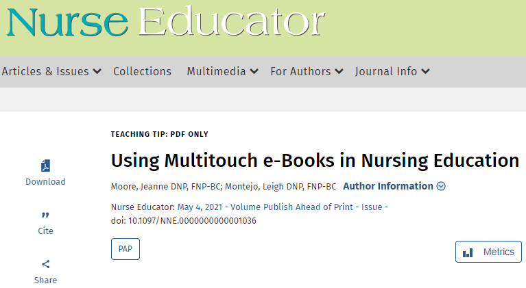 NEjournalonline's tweet photo. Looking to facilitate learner acquisition of technology competencies while effectively engaging students in the learning process?

Read the new #PublishAheadOfPrint #TeachingTips! "Using Multitouch e-Books in Nursing Education" https://t.co/w8fSTav0xz https://t.co/t3UCCTALUV