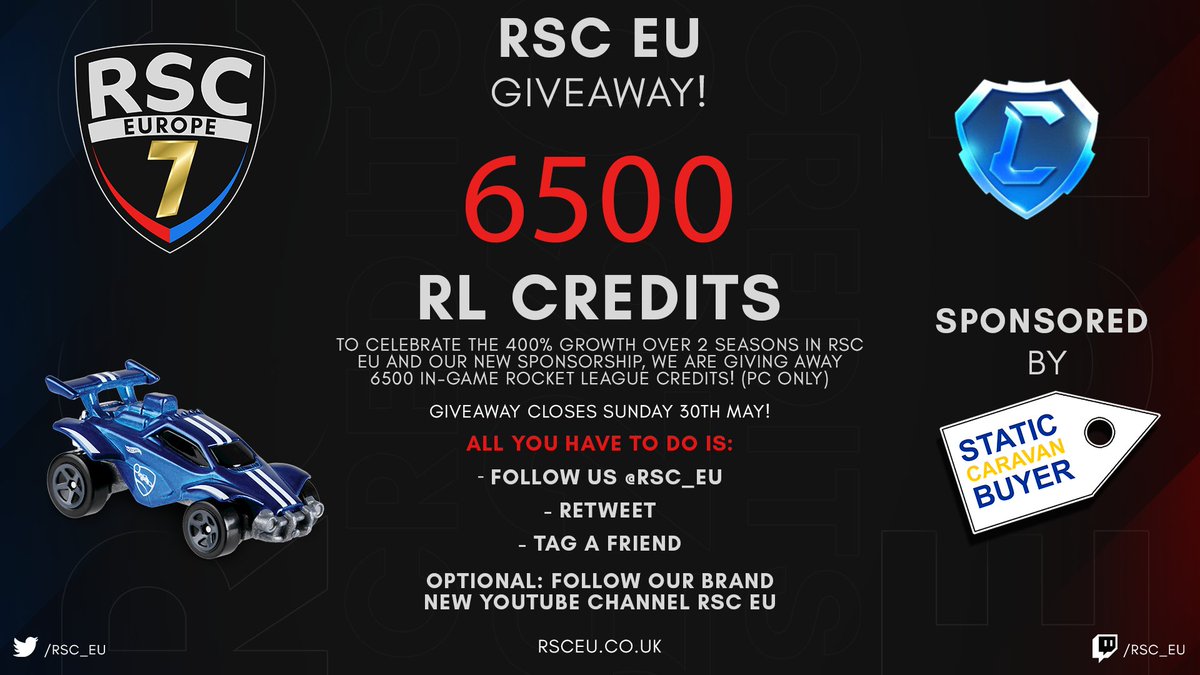RSC_EU's tweet image. 🎉Giveaway🎉 
To celebrate s7 and our NEW SPONSORSHIP we are giving away 6500 RL credits (pc only) 

All you have to do is ⬇

1️⃣Follow @rsc_eu 
2️⃣Retweet this post 
3️⃣Tag a friend 

Good luck everyone involved in Season 7 of RSC. 
Winner Announced on Sunday 30th May. 

#GIVEAWAY