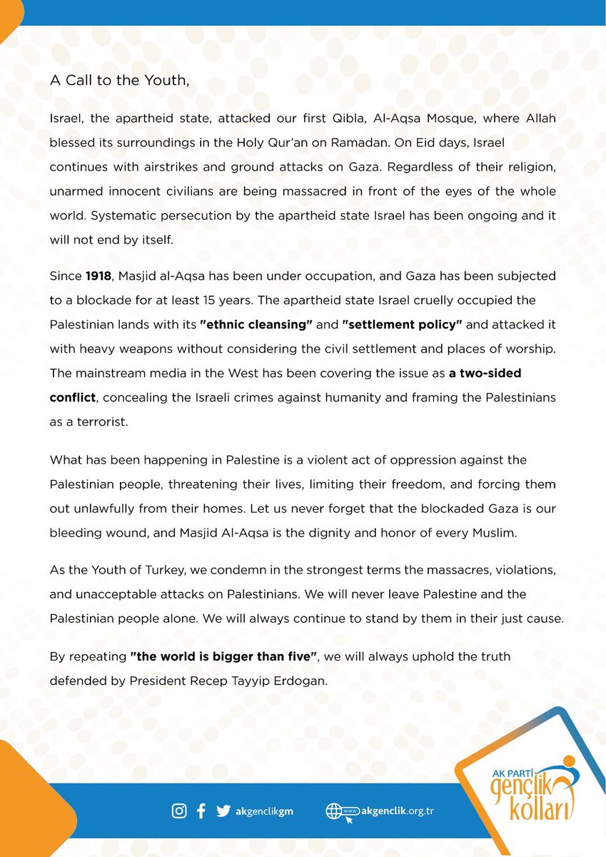 "The world is bigger than five!"

A reminder call to youth all over the world to stand by the oppressed Palestinians