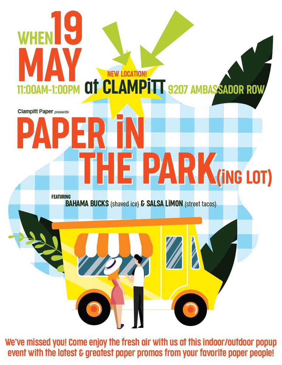 Clampitt Paper (@barneyfiber) on Twitter photo We've missed you so much!! Come enjoy the fresh air with us this Wednesday for Paper in the Park(ing Lot). We'll be showcasing the latest and greatest in paper samples and wide format equipment! Please make sure to email your RSVP to rsvp@clampitt.com - we can't wait to see you! We've missed you so much!! Come enjoy the fresh air with us this Wednesday for Paper in the Park(ing Lot). We'll be showcasing the latest and greatest in paper samples and wide format equipment! Please make sure to email your RSVP to rsvp@clampitt.com - we can't wait to see you!