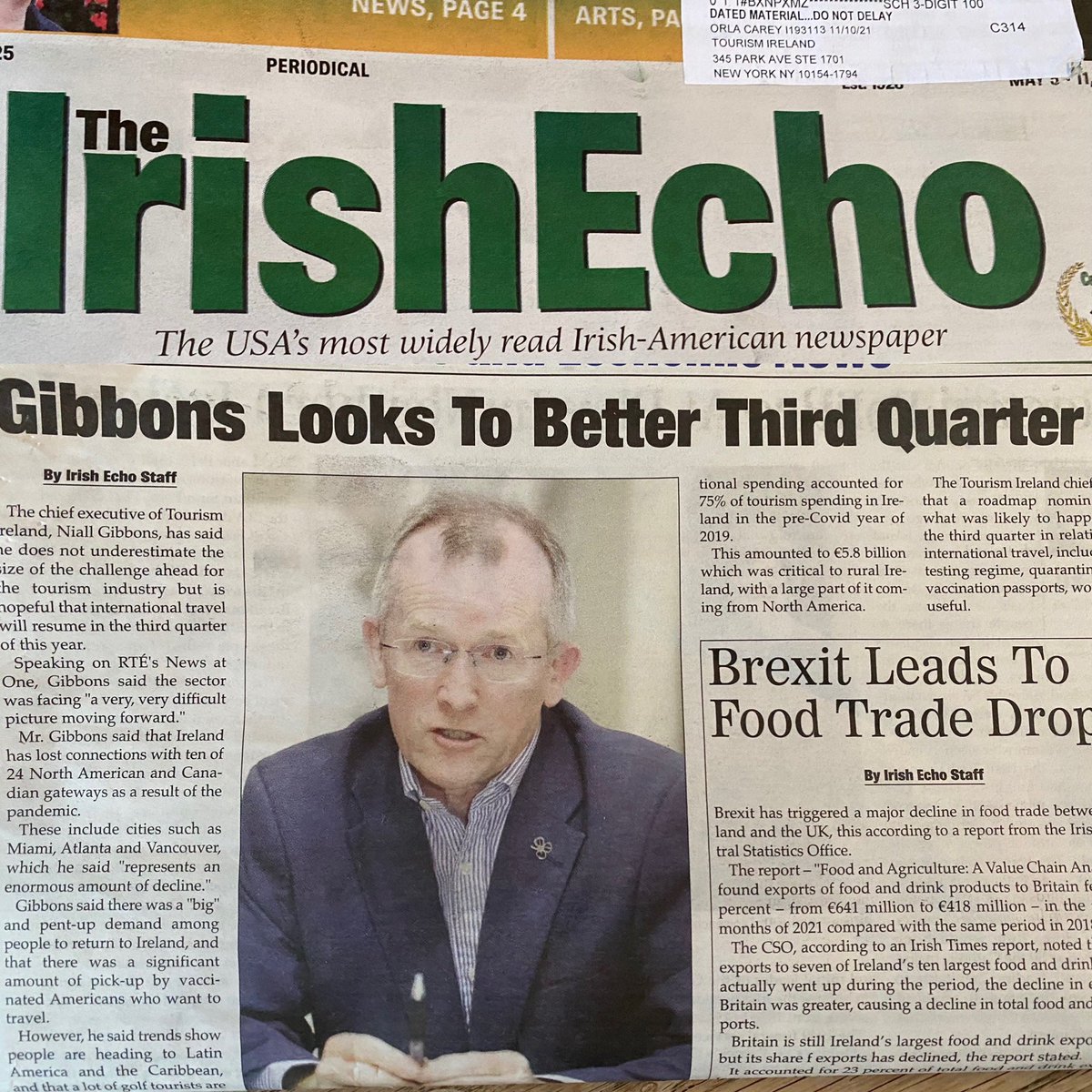 NiallGibbons's tweet photo. Thanks to the Irish Echo in the USA for the positive tourism coverage. Our diaspora media are so important in telling the Ireland story abroad. https://t.co/Qms7JLN4mF