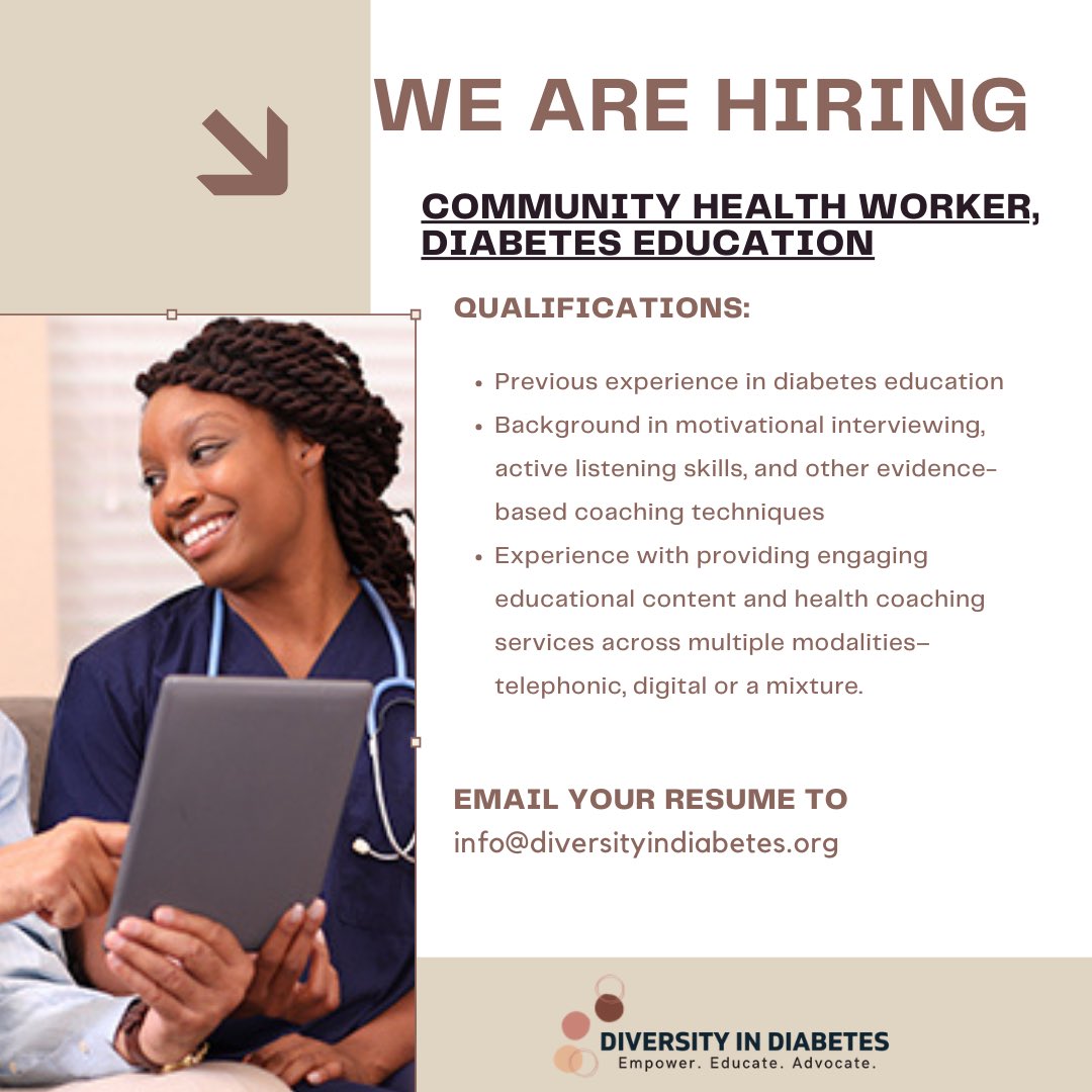 We are hiring!! If you have a background as a CHW in diabetes education and are interested in a part time paid position with Diversity in Diabetes then please email your resume and cover letter to
Info@diversityindiabetes.org