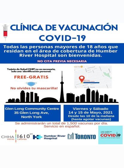 HRHealth_'s tweet photo. Another clinic has opened up today at Glen Long Community Centre with the same criteria as our Downsview.

See flyer for details👇 https://t.co/pIhpOktXxK