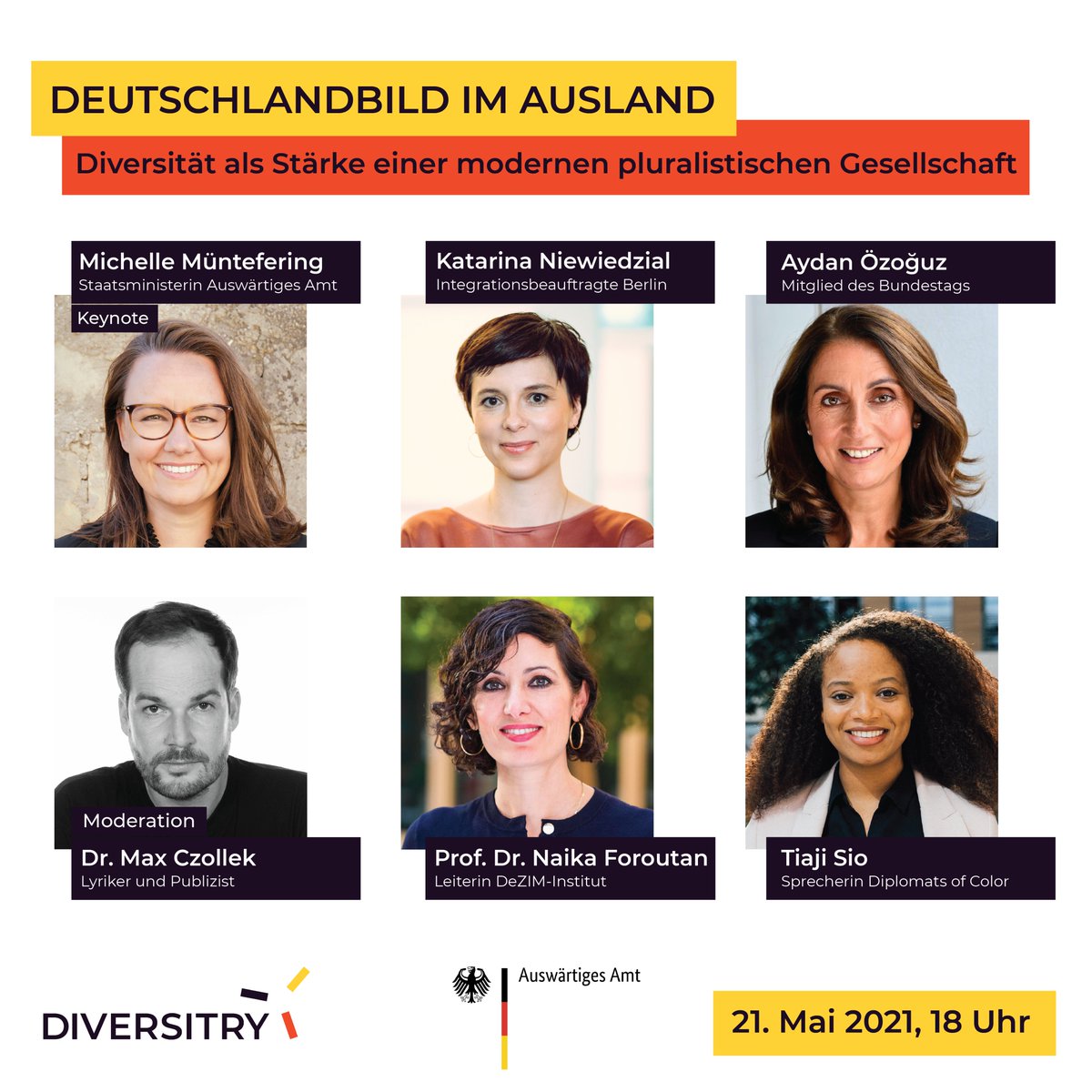 DIVERSITRY (@diversitry) on Twitter photo Wie können wir die #Vielfalt unserer Gesellschaft in #Politik und #Verwaltung abbilden? Über diese und weitere Fragen diskutieren wir mit <a href="/NaikaForoutan/">Naika Foroutan</a>, <a href="/IntMigBerlin/">Integrationsbeauftragte Katarina Niewiedzial</a>, <a href="/oezoguz/">Aydan Özoğuz</a> und <a href="/tiajisio/">Tiaji Sio</a>, moderiert von <a href="/rubenmcloop/">Max Czollek</a> und Keynote von <a href="/Mi_Muentefering/">Michelle Müntefering</a>.
zoom.us/webinar/regist… Wie können wir die #Vielfalt unserer Gesellschaft in #Politik und #Verwaltung abbilden? Über diese und weitere Fragen diskutieren wir mit <a href="/NaikaForoutan/">Naika Foroutan</a>, <a href="/IntMigBerlin/">Integrationsbeauftragte Katarina Niewiedzial</a>, <a href="/oezoguz/">Aydan Özoğuz</a> und <a href="/tiajisio/">Tiaji Sio</a>, moderiert von <a href="/rubenmcloop/">Max Czollek</a> und Keynote von <a href="/Mi_Muentefering/">Michelle Müntefering</a>.
zoom.us/webinar/regist…