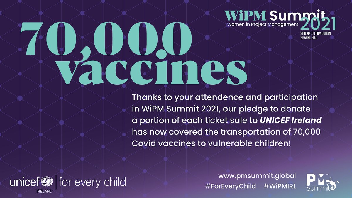 PMSummitHQ's tweet photo. Thank you to everyone who attended and participated in Women in Project Management Summit 2021, our pledge to donate a portion of each ticket sale to @unicefireland  has now covered the transportation of 70,000 Covid vaccines to vulnerable children! #ForEveryChild #WiPMIRL #pmot https://t.co/0Y8zwyzEve