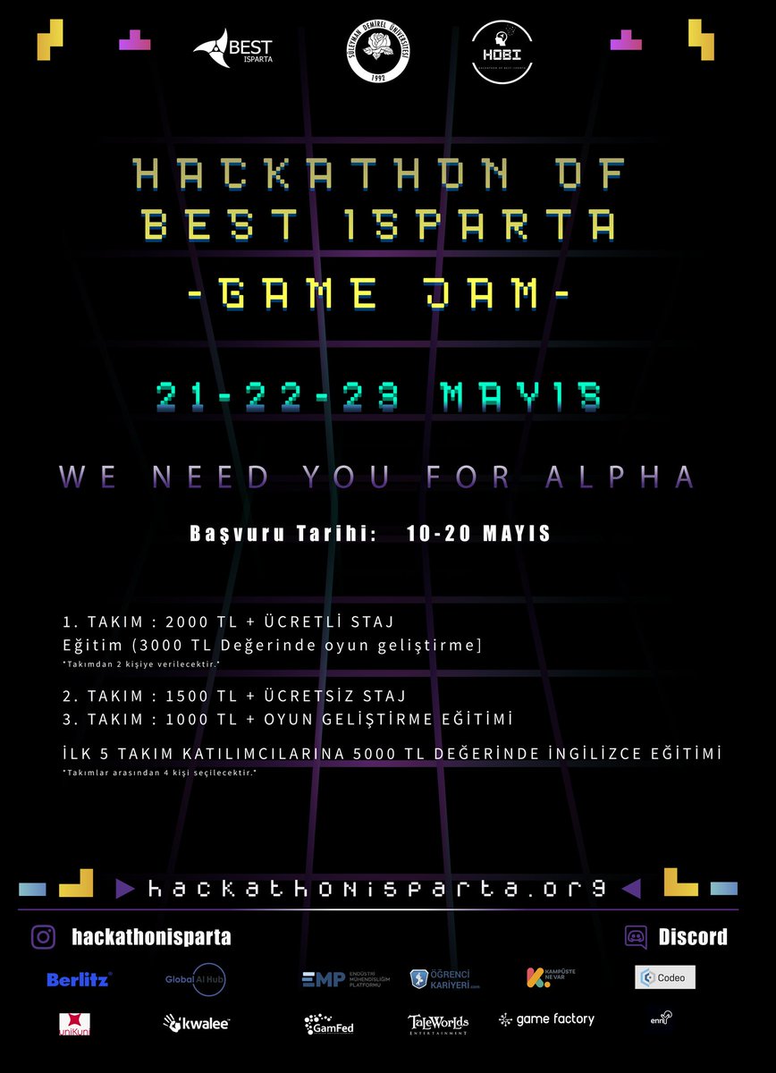 BEST Isparta olarak ilk kez düzenleyeceğimiz Hackathon of BEST Isparta-Game Jam 21-22-23 Mayıs tarihlerinde discord platformu üzerinden gerçekleştirilecektir. HoBI-Game Jam Hyper Casual türünde online bir oyun geliştirme etkinliğidir.

Kayıt formu: lnkd.in/gpRUevz