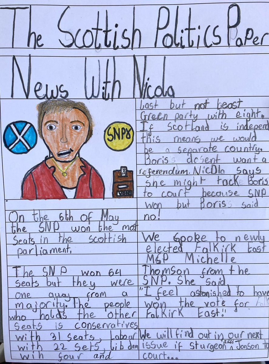 MissEganKPS's tweet photo. This week we became journalists &amp; wrote newspaper reports about the election after interpreting the results from a bar graph. We even included an exclusive (pretend) interview with our new MSP about her win! I just love these illustrations of @MichelleThomson &amp; @NicolaSturgeon 💛 https://t.co/2sJeZigB2l