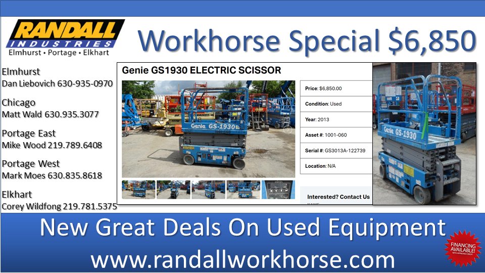 WorkhorseDeals's tweet photo. Massive Ongoing Used Equipment Sale At Our Randall - Portage Facility 6480 Melton Road Portage, IN 46368
Preview items at https://t.co/xMewihrTqf and send us your list! Great buys on Scissor Lifts, Telehandlers, Booms, Skid Steers, Small Tools and much more! https://t.co/DhLXT8Ajn9