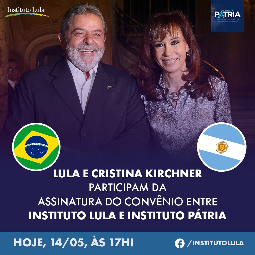 inst_lula's tweet photo. É HOJE! 🇧🇷🤝🇦🇷 @LulaOficial e @CFKArgentina convidam para a assinatura do convênio entre #InstitutoLula e @inst_PATRIAar. 

O encontro virtual acontece às 17h e contará com a presença dos ex-presidentes!

🎥 Acompanhe a transmissão ao vivo às 17h: https://t.co/Zywq3wxGJO https://t.co/IPGQQRmuJd