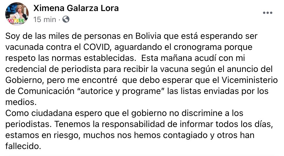 Espero que el Gobierno no discrimine a los periodistas. Tenemos el deber y la responsabilidad de informar todos los días y somos un grupo vulnerable y en riesgo, muchos nos hemos contagiado y otros han fallecido cumpliendo su trabajo.
